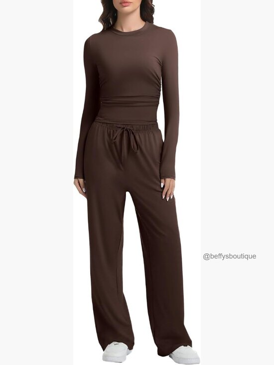 Pants - Women's 2-Piece Lounge Set Long Sleeve Wide Leg Joggers Soft Rayon Spandex